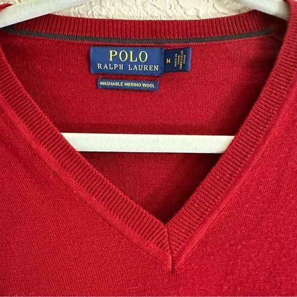 Polo‎ Ralph Lauren Mens Red Washable Merino Wool V Neck Sweater Size M - Picture 8 of 8